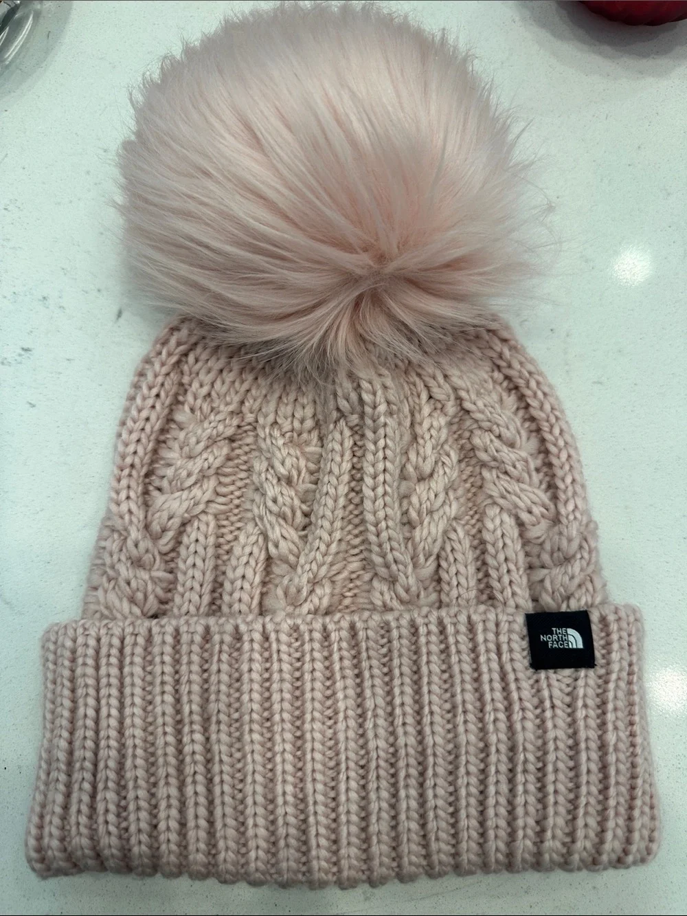 The North Face Kids Blush Cable Knit Beanie with Faux Fur Pom